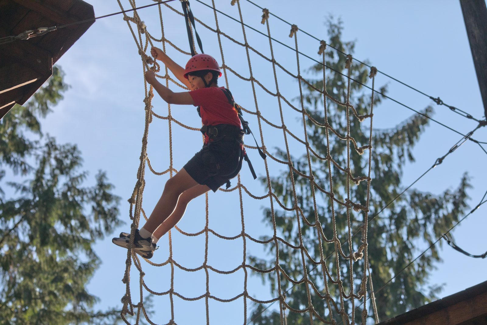 A student climbing a rope net on a challenge course