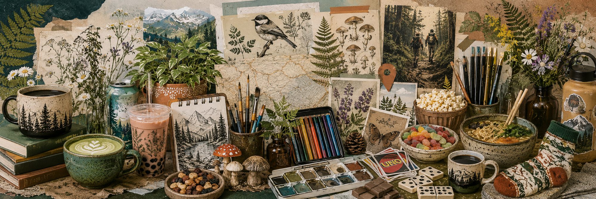 A cozy collage of EAS staff favorites: coffee and tea, art supplies, snacks, games, plants, and nature illustrations